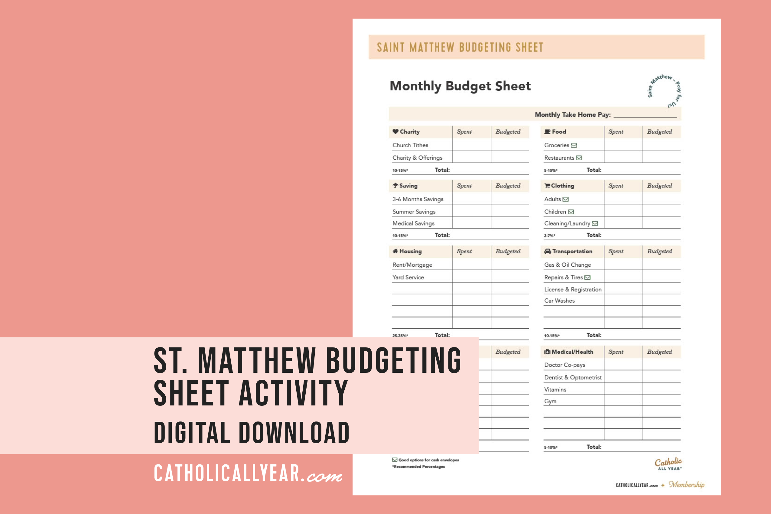 St. Matthew Budgeting Sheet Activity {Digital Download}