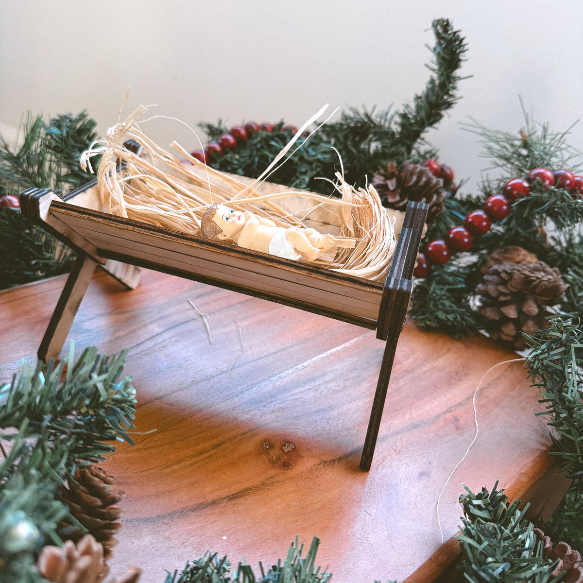 Mini Wooden Manger with Straw + Baby Jesus