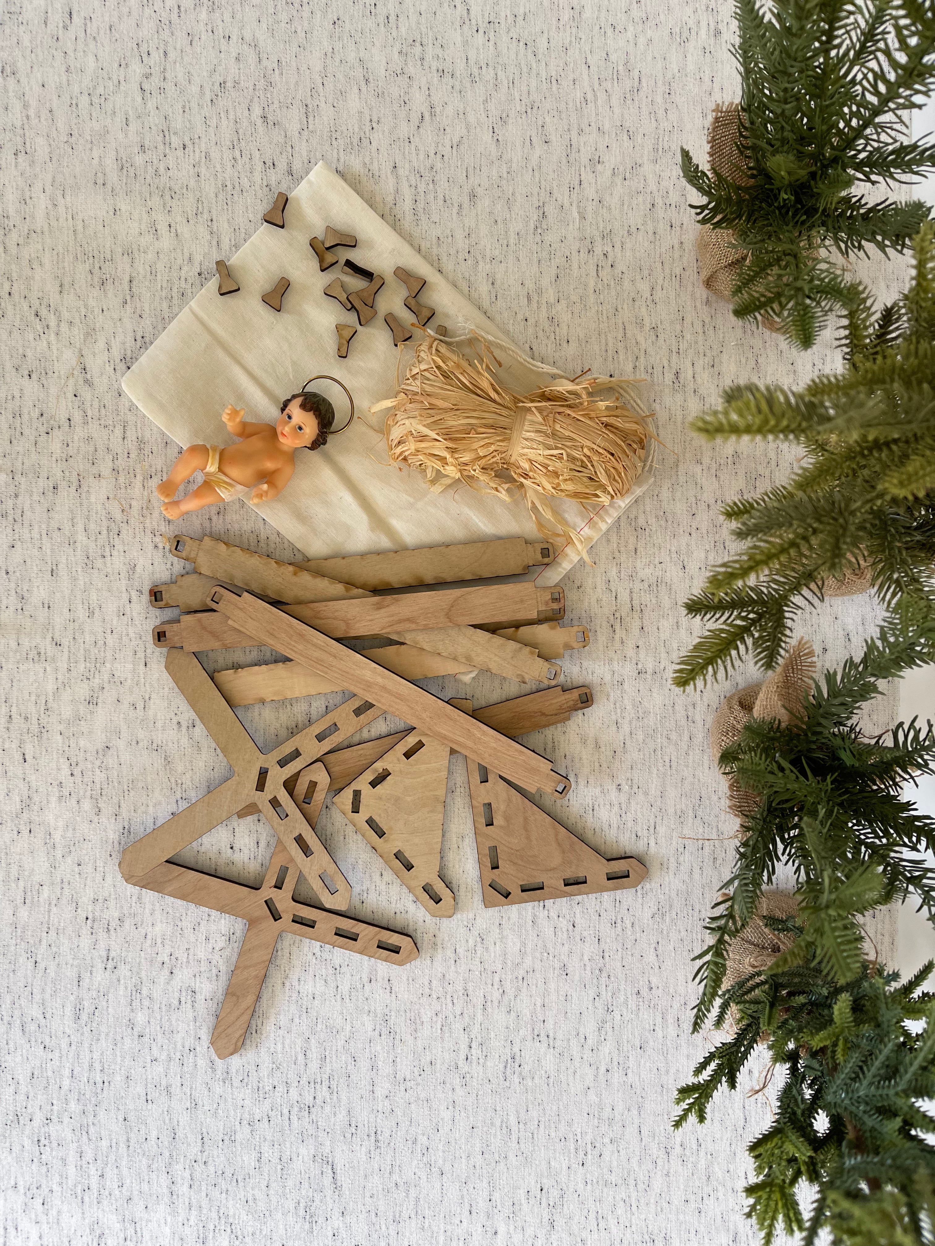 Standard Wooden Manger with Straw + Baby Jesus