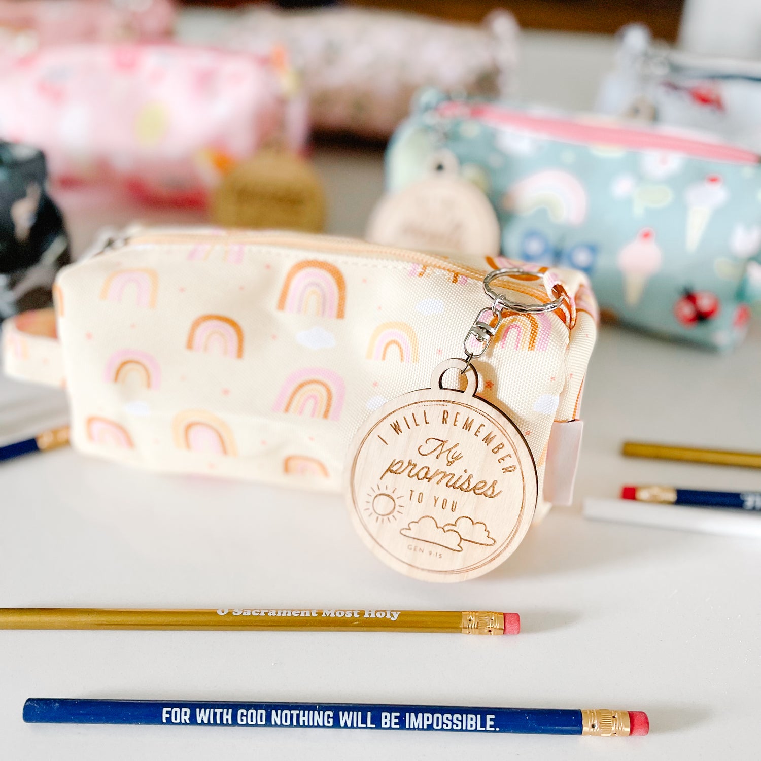 Catholic Pencil Case with Wooden Keychain