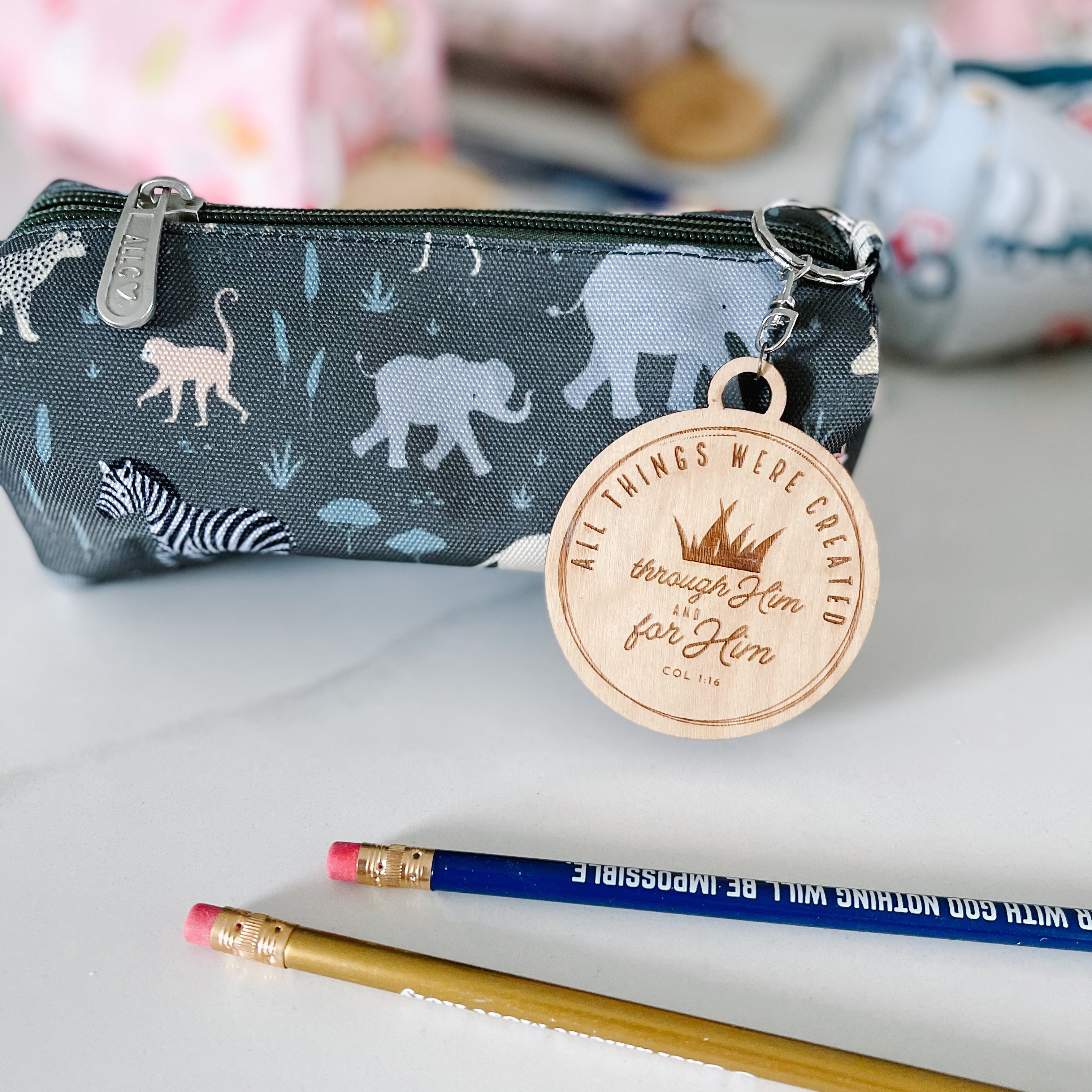 Catholic Pencil Case with Wooden Keychain