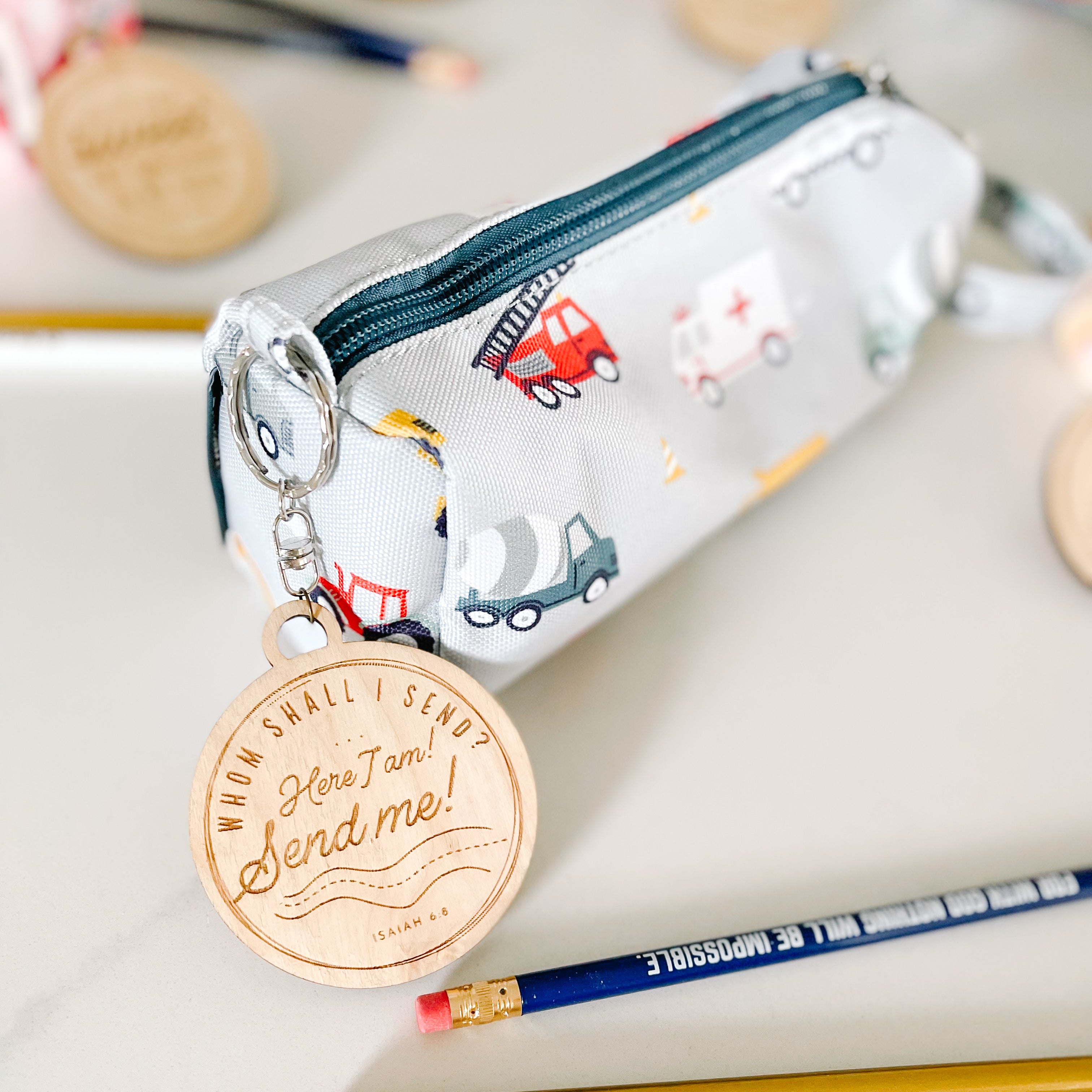 Catholic Pencil Case with Wooden Keychain