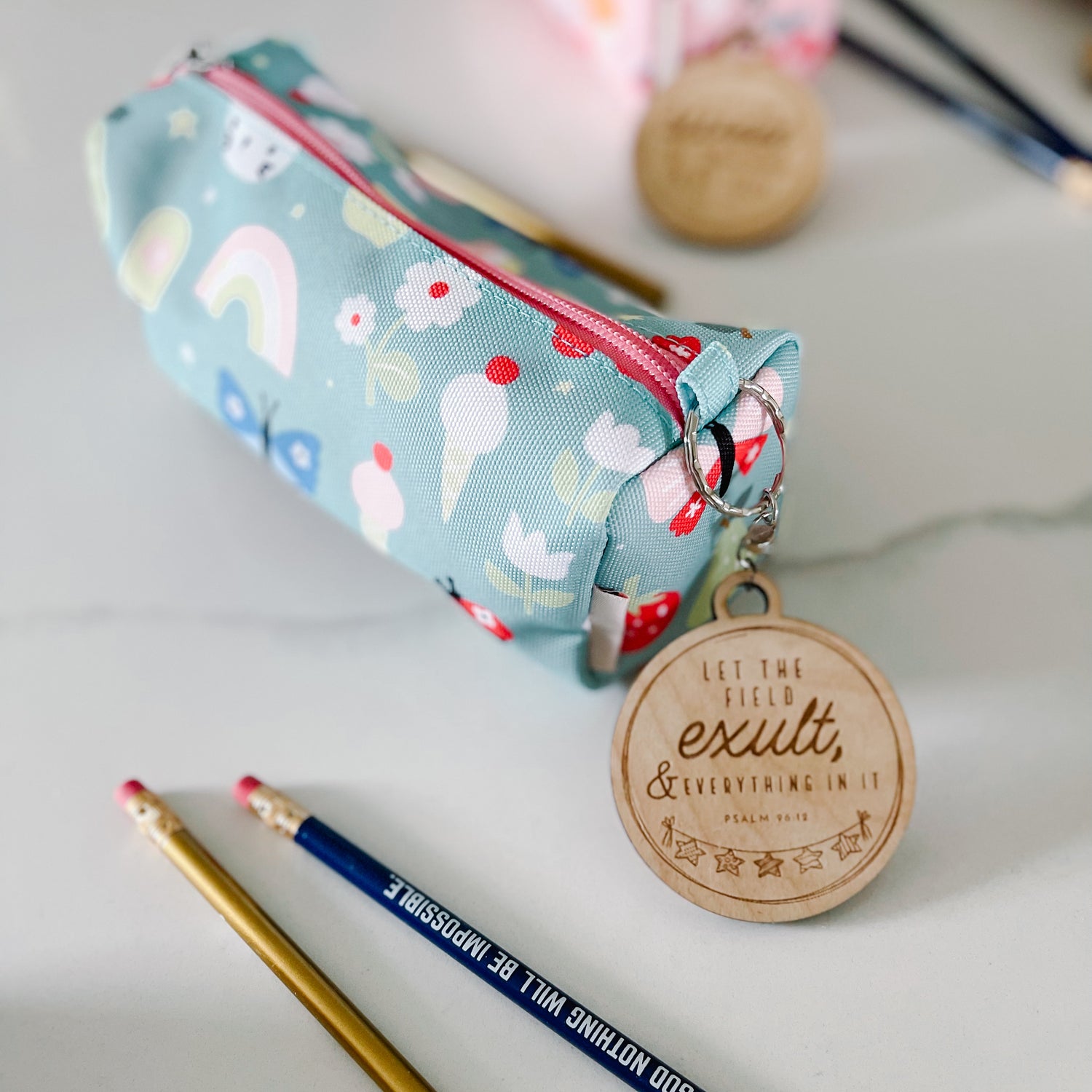 Catholic Pencil Case with Wooden Keychain