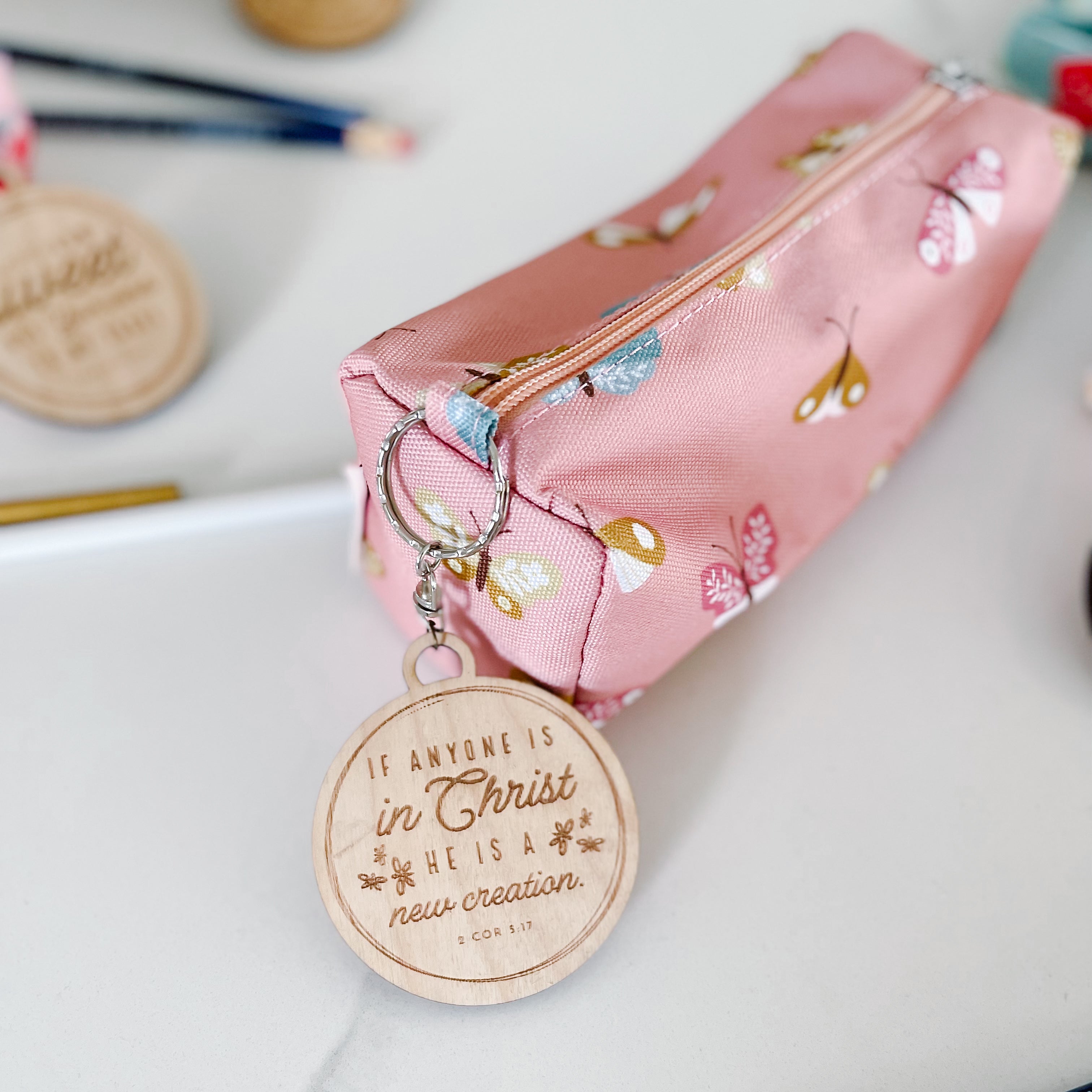 Catholic Pencil Case with Wooden Keychain