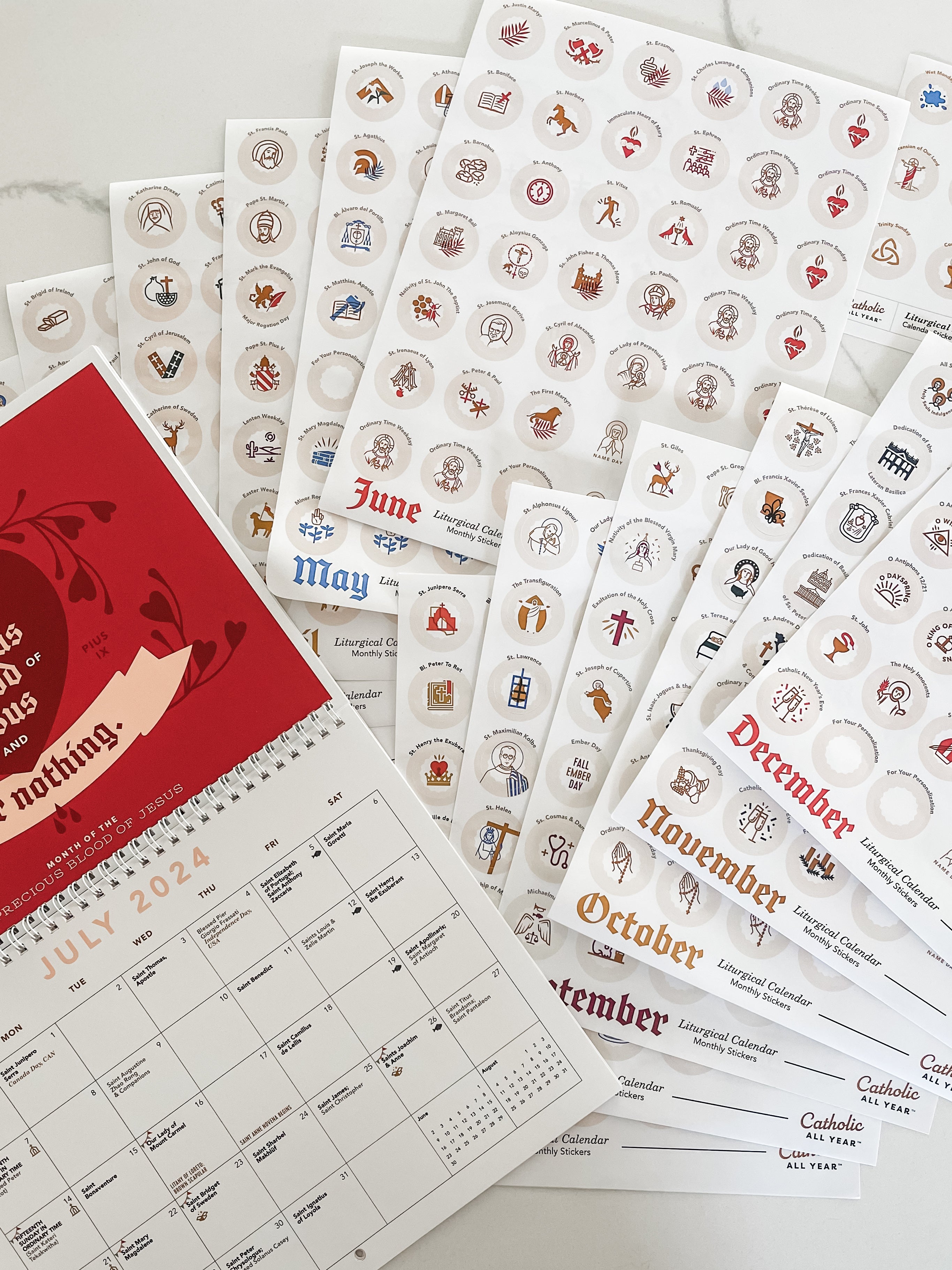 Set of 12 Monthly Calendar Stickers + Liturgical Packs