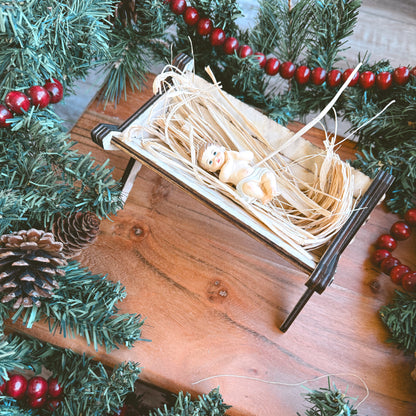 Mini Wooden Manger with Straw + Baby Jesus