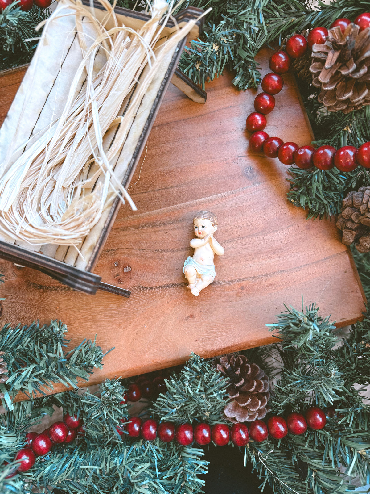 Mini Wooden Manger with Straw + Baby Jesus