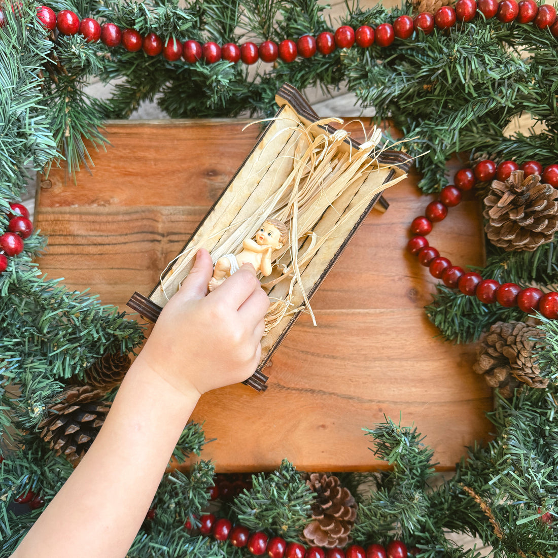 Mini Wooden Manger with Straw + Baby Jesus