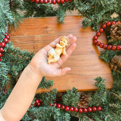 Mini Wooden Manger with Straw + Baby Jesus