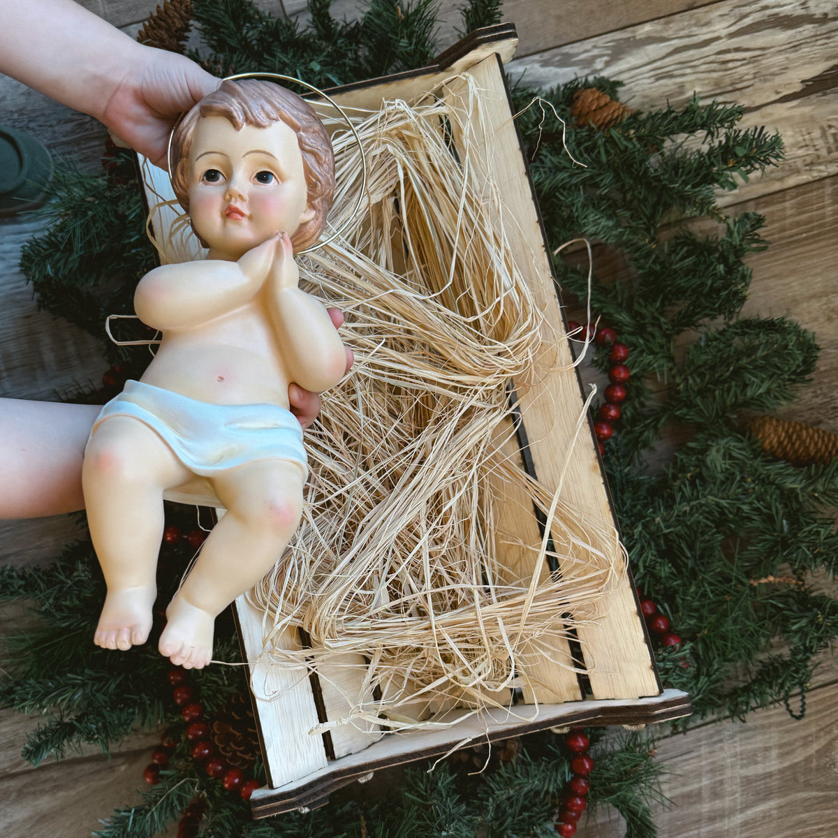 Mega Wooden Manger with Straw + Baby Jesus