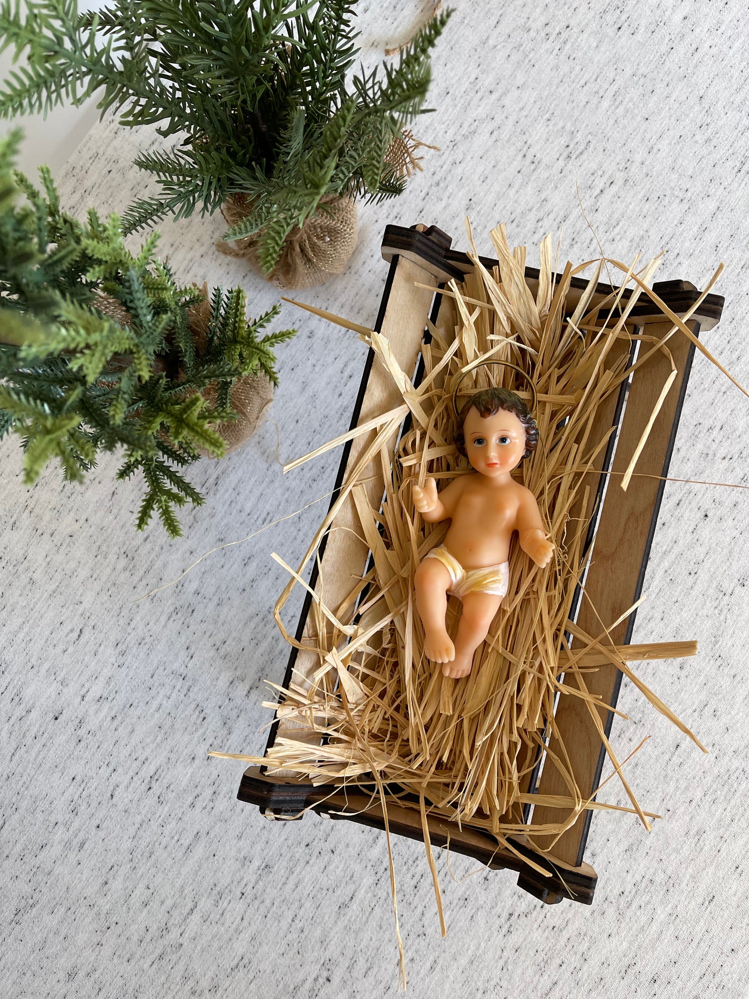 Wooden Manger with Straw + Baby Jesus